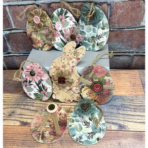 Set of 8 Handmade Easter‎ Egg Bunny Wood Ornaments Gift Tags Shabby Chic Decor